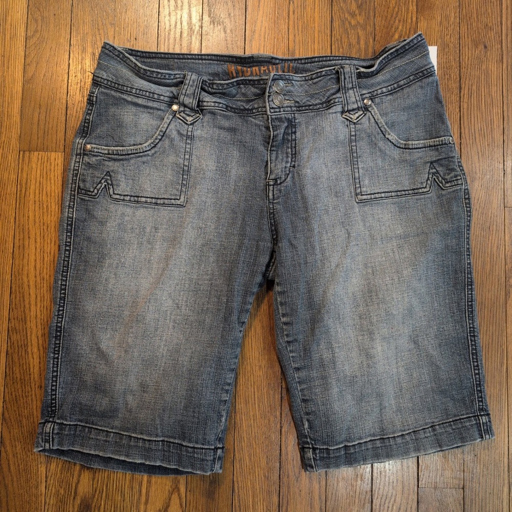 Hydraulic Acid Fade Stretch Bermuda Shorts Blue Distressed Denim Womens 13/14‎